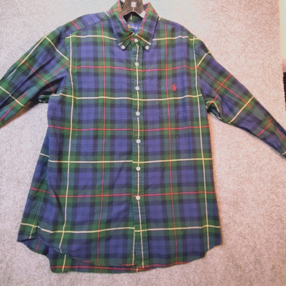 Ralph Lauren Mens Plaid Button Down Shirt Purple Green Tartan Red Pony L